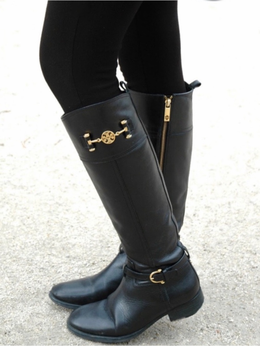 Tory Burch Nadine Black Leather Logo Knee High Riding Boots Woman’s Size 6